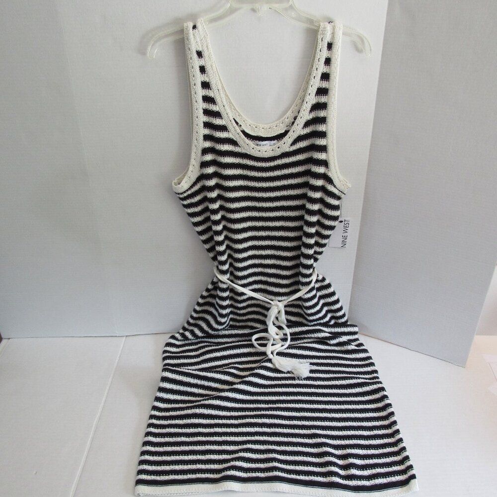 Nine West Womens Plus Sleeveless Crochet Striped Belted Maxi Dress Size XXL NWT